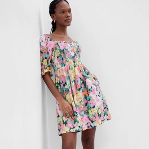 Gap Puff Sleeve Linen-Blend Floral Mini Dress